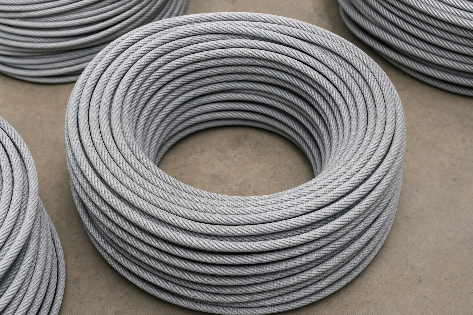 Coiled bright galvanized steel cable on industrial concrete.